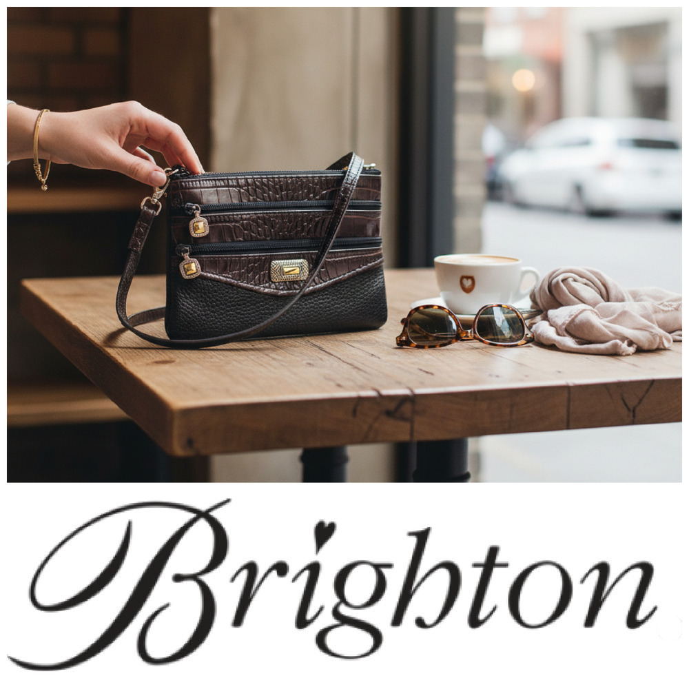 Vintage Brighton Triple Zip Croc Embossed Leather Mini Crossbody Organizer READ